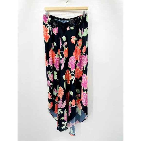 Free People black floral satin lace maxi slip skirt - Picture 3 of 6